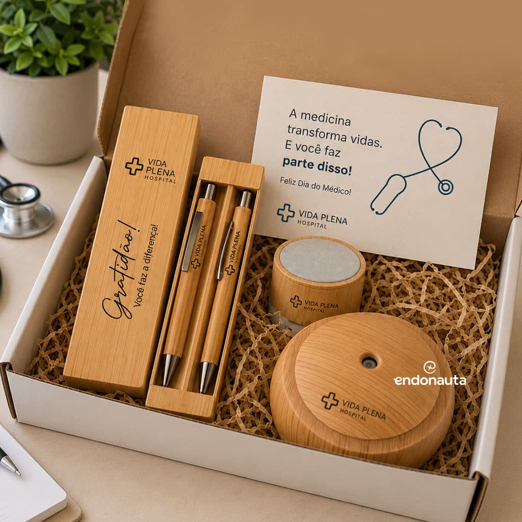 Dia do Médico 7 KIT RELAX DIA DO MÉDICO UMIDIFICADOR, CAIXA E SOM BAMBU E KIT CANETA E LAPISERA