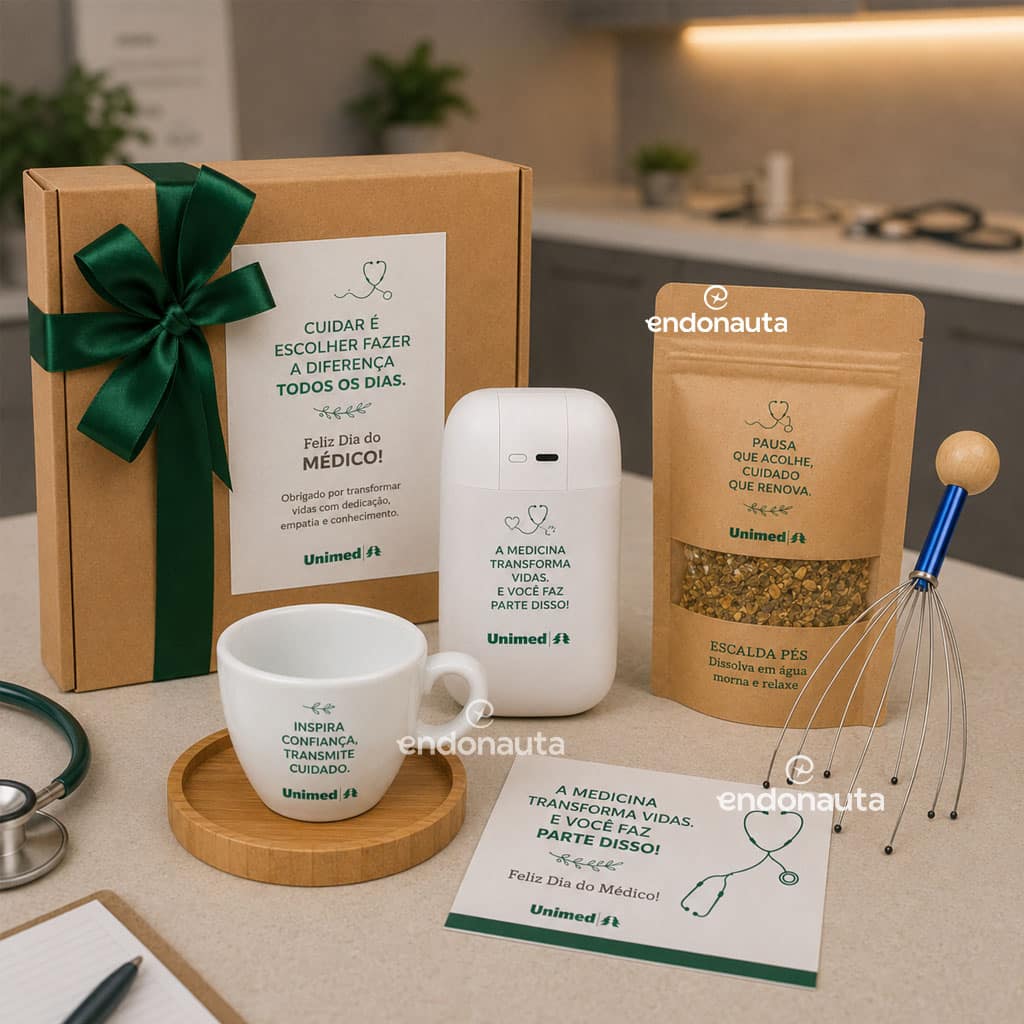 Dia do Médico 8 Kit Dia do Médico com Caixa de papelão com personalização adesiva e laço
Xícara personalizada
pires de bambu; Umidificador de ambientes; Massageador de cabeça; Sachê com escalda-pés.