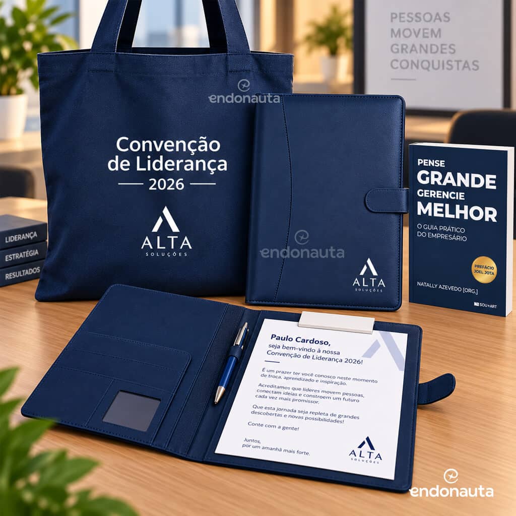 kit para treinamentos de liderança e convenção de vendas com pasta, sacola, licro de gerenciamento