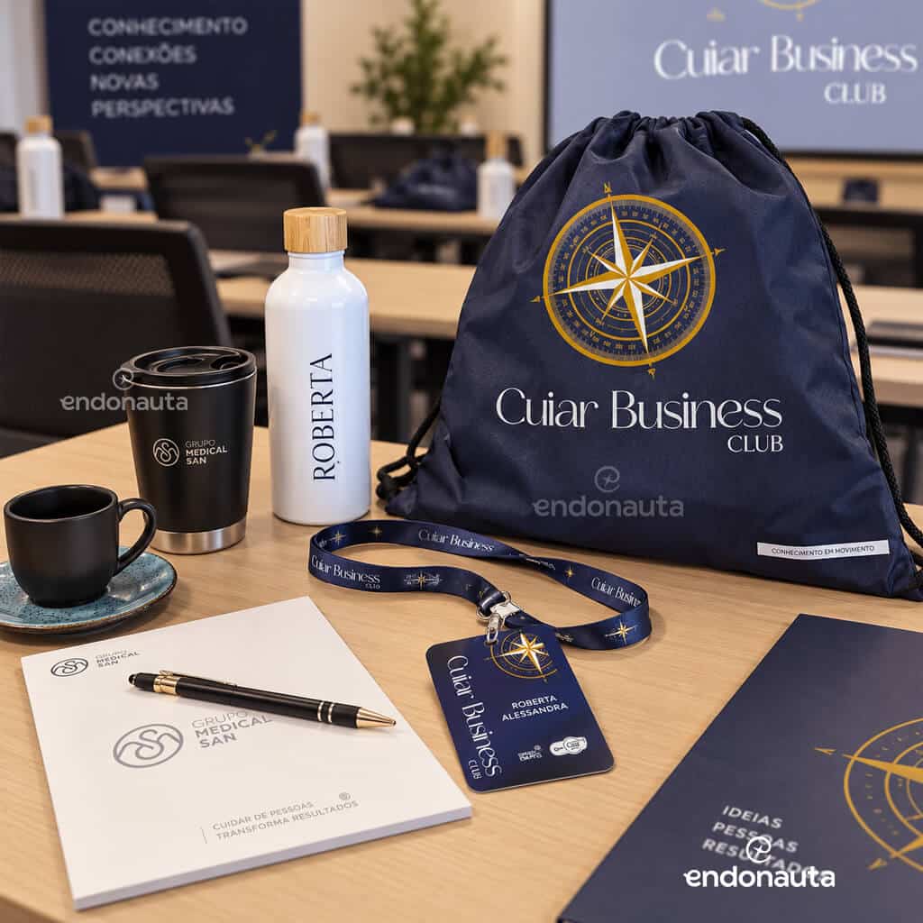 kit para treinamento e mentoria com mochila, caneta, bloco, garrafa, copo café