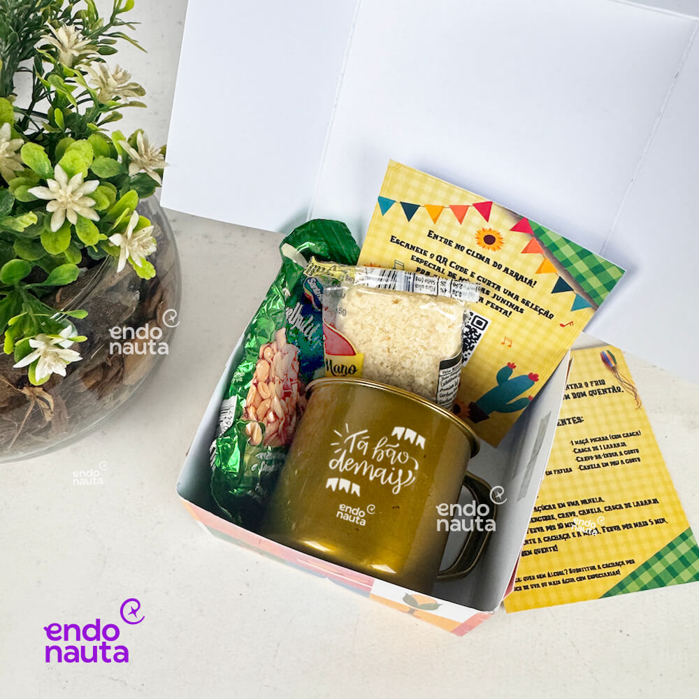 Kit corporativo brinde festa junina para empresas com caixa, cocada, amendoim, caneca, receita de quentão e playlist de arraiá.