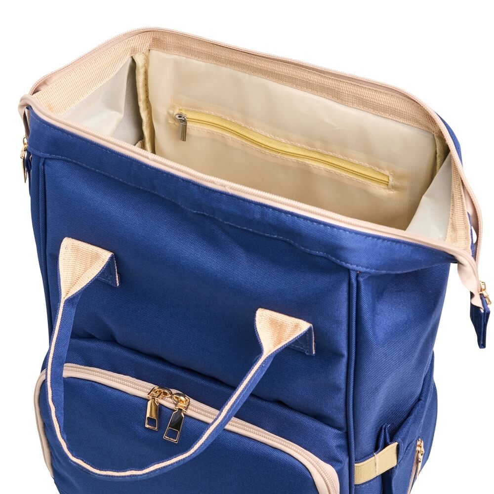 a blue bag with zippers