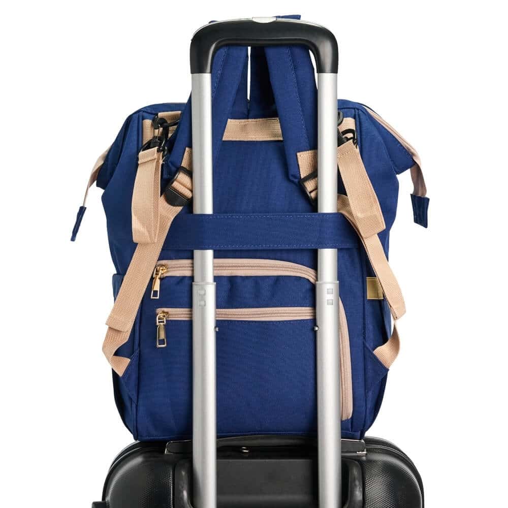a blue backpack on a luggage bag