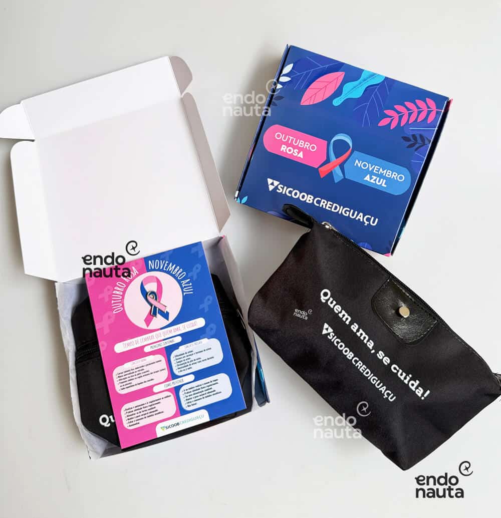 Brinde outubro rosa e novembro azul com caixa personalizada e necessaire para empresas corporativo