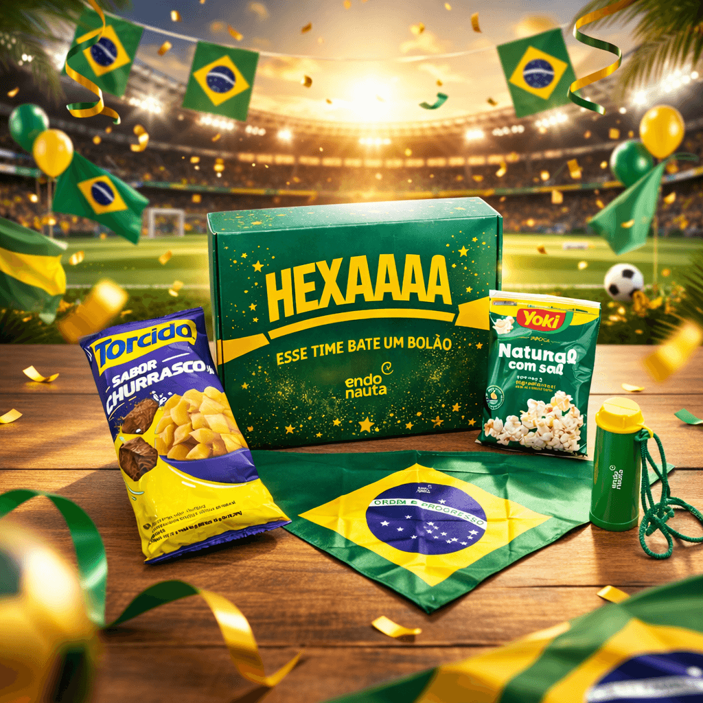 kit torcida Brasil, brinde de copa do mundo para funcionários da empresa com caixa personalizada, bandana do brasil, corneta com logo, salgadinho e pipoca