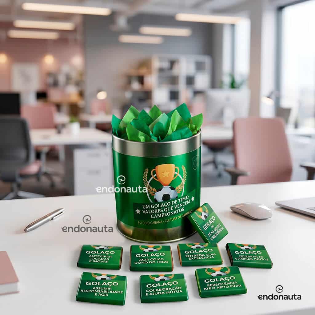 Lata personalizada como brinde corporativo para empresas para engajar colaboradores na copa do mundo. Acompanha 8 tabletes de chocolates personalizados.