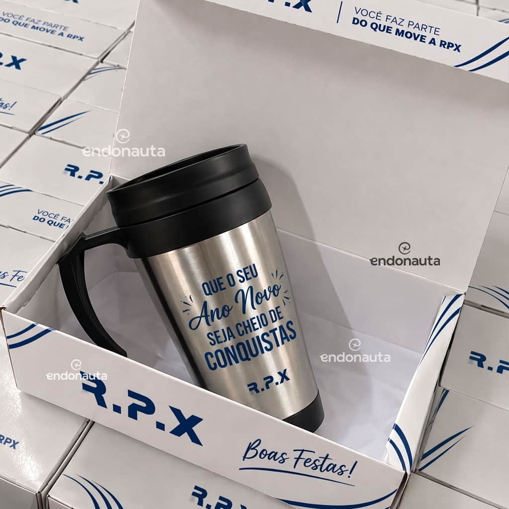 CANECA TÉRMICA PERSONALIZADA DE INOX ALUMÍNIO COM LOGO PARA EMPRESAS BRINDE CORPORATIVO