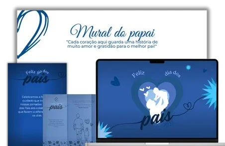 Imagem com elementos do midia kit do dia dods pais - cartaz, papel de parede, folder e dinâmica.